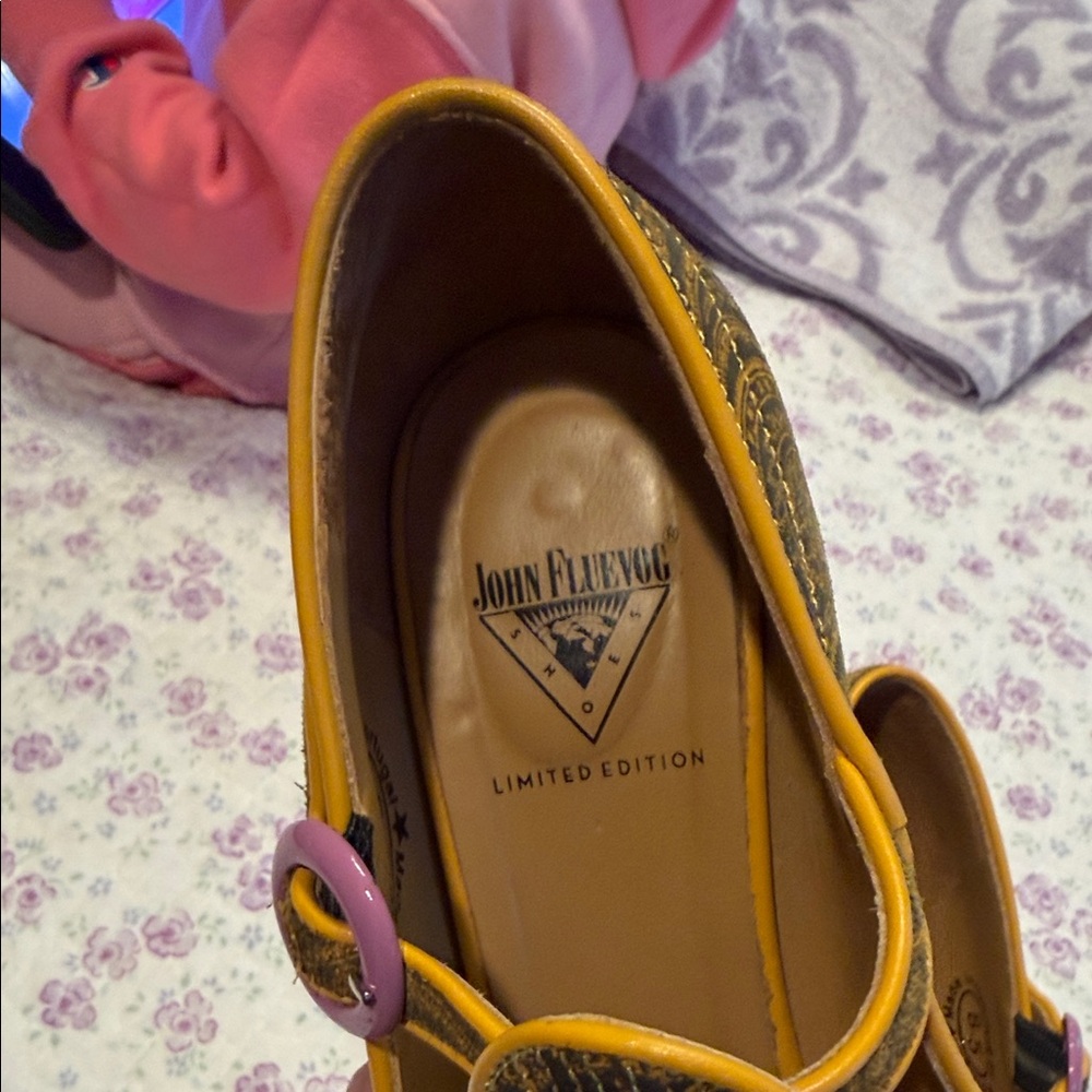 John Fluevog Mustard & Purple Mary Jane Heels - Picture 2 of 9